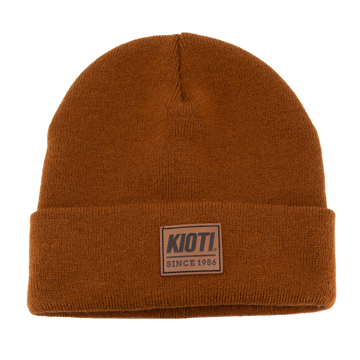 Brown Leather Patch Beanie Product Image on white background