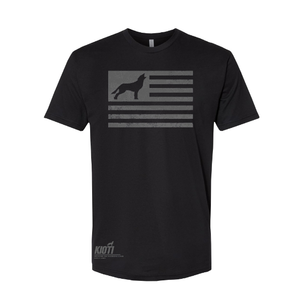 KIOTI Black American Land Tee with coyote and stripes flag design