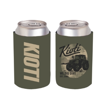 KIOTI Script Tractor Koozie with tractor graphic on one side and bold vertical KIOTI logo on the other.