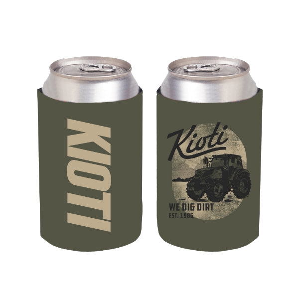 KIOTI Script Tractor Koozie with tractor graphic on one side and bold vertical KIOTI logo on the other.
