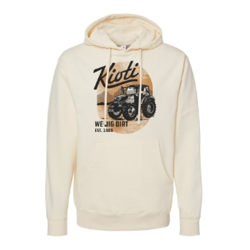 KIOTI Script Tractor Hoodie with vintage tractor graphic and “We Dig Dirt” slogan