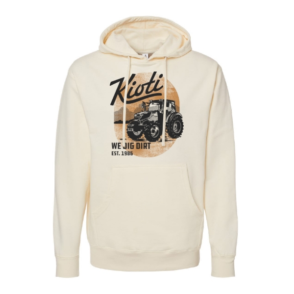 KIOTI Script Tractor Hoodie with vintage tractor graphic and “We Dig Dirt” slogan