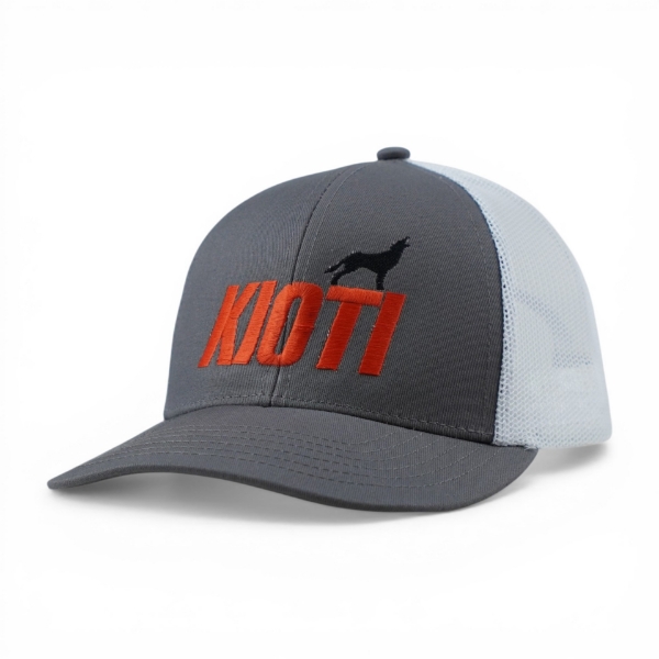 Logo OC Cap with grey front panels and a white mech back from an angled front view